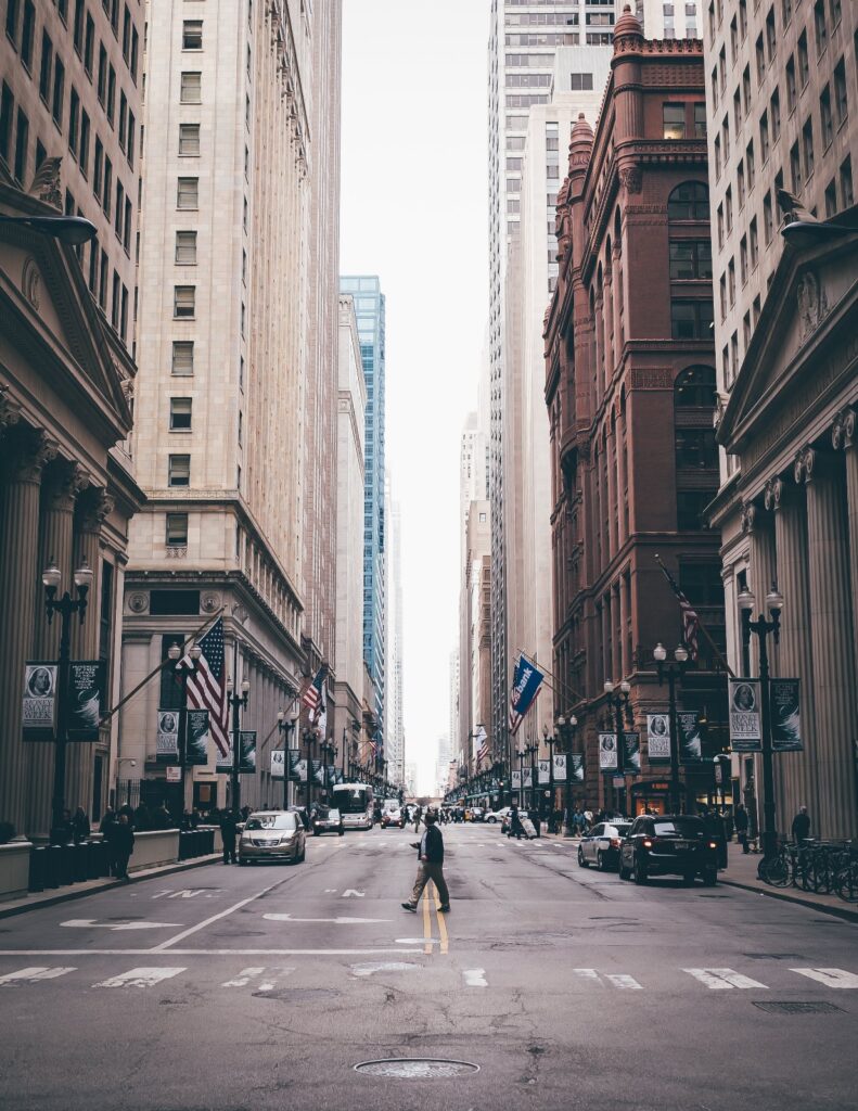 Man crossing Street In The Magnificent Mile in Chicago