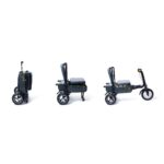 A sequence of the eFOLDi Explorer mobility scooter showing the three steps of folding, emphasizing its easy, user-friendly transformation.